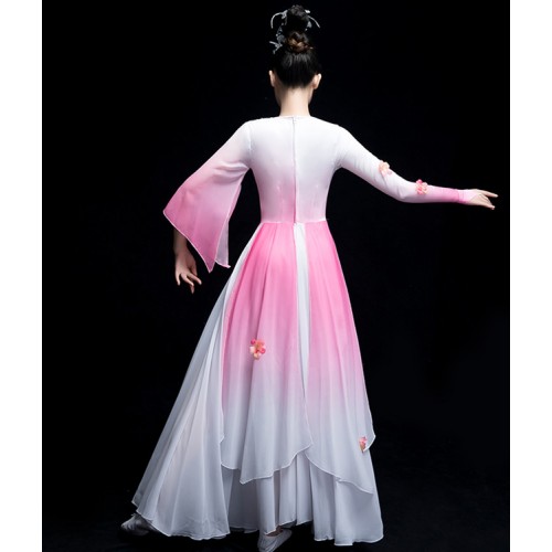 Girls women pink flowers chinese folk dance dress hanfu fairy dress ancient traditional yangko umbrella fan dance dresses